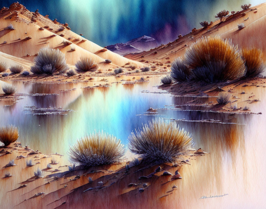 Tranquil desert oasis with blue water, sand dunes, and grass under gradient sky