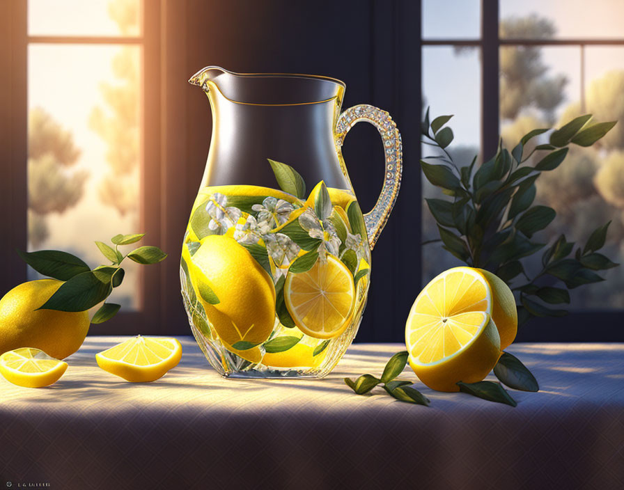 Glass pitcher with lemon slices, whole and cut lemons on table near window with sunlight.