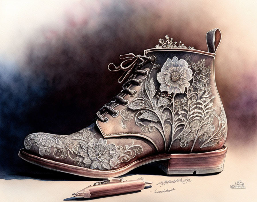 Detailed Sketch of Lace-Up Leather Boot with Floral Patterns Next to Artist's Signed Pencil Drawing