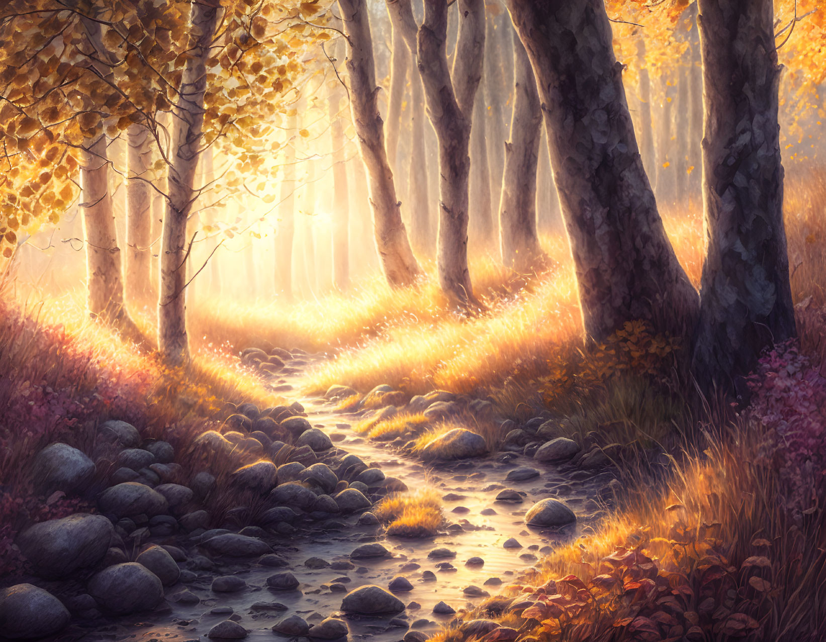 Tranquil forest path with golden autumn leaves under soft sunlight