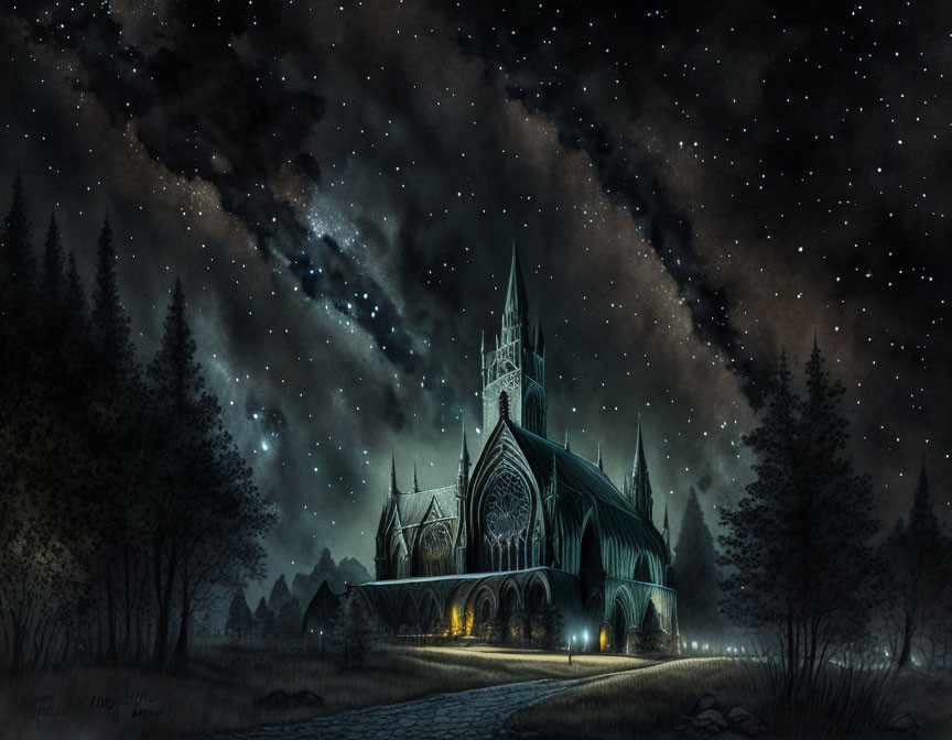 Gothic-style cathedral at night under starry sky with Milky Way, illuminated by warm light.