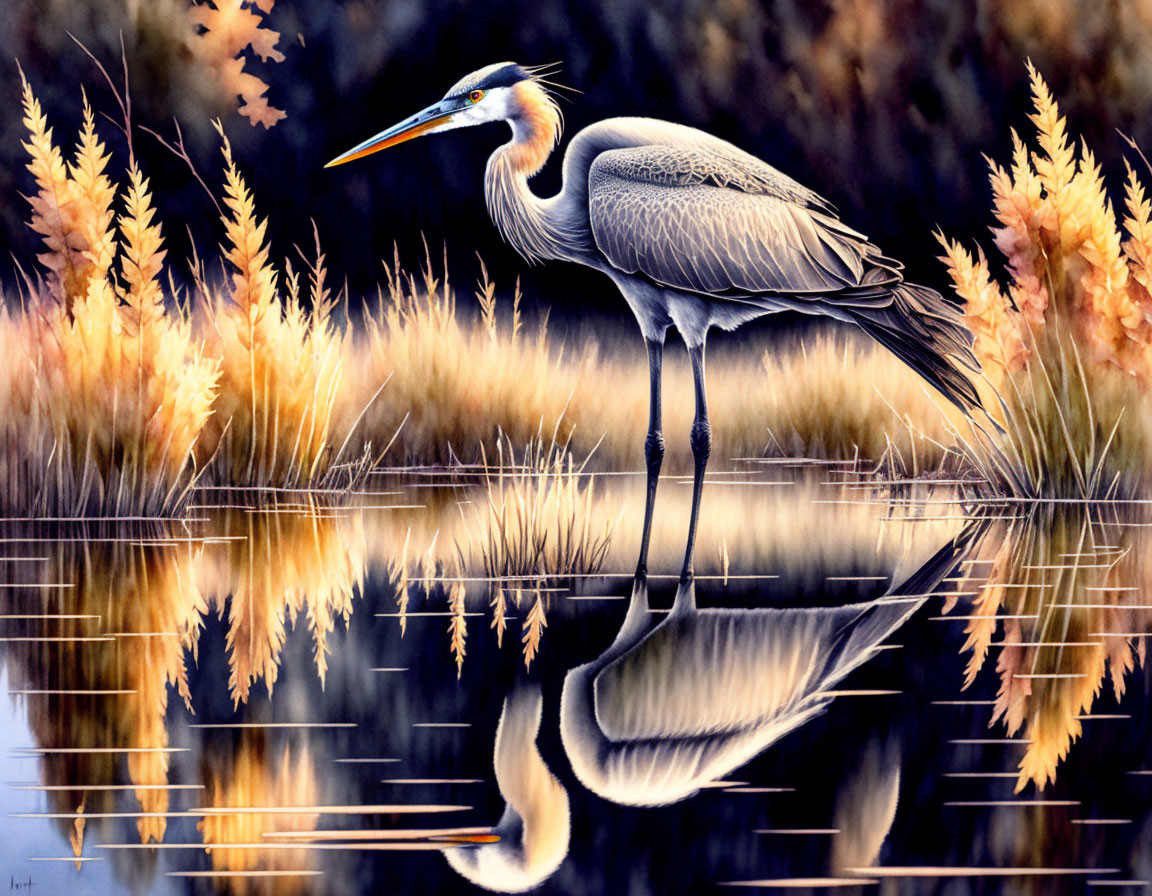 Great Blue Heron in Golden Reed Reflections