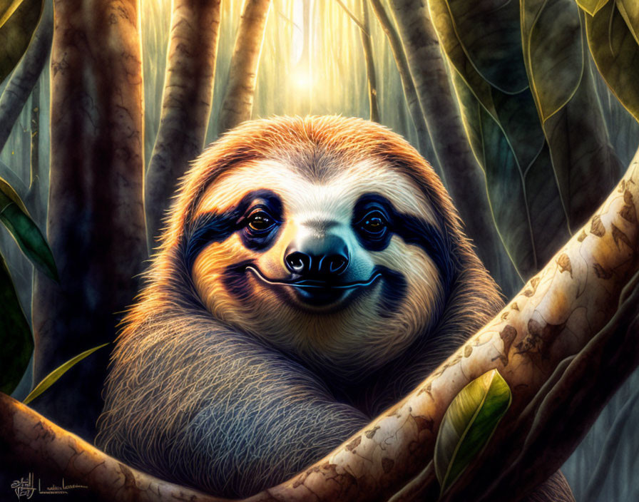 Smiling sloth on tree branch in lush forest with sunbeams