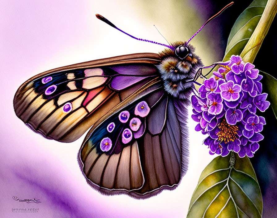 Colorful Butterfly Painting with Black, Purple, and Yellow Wings