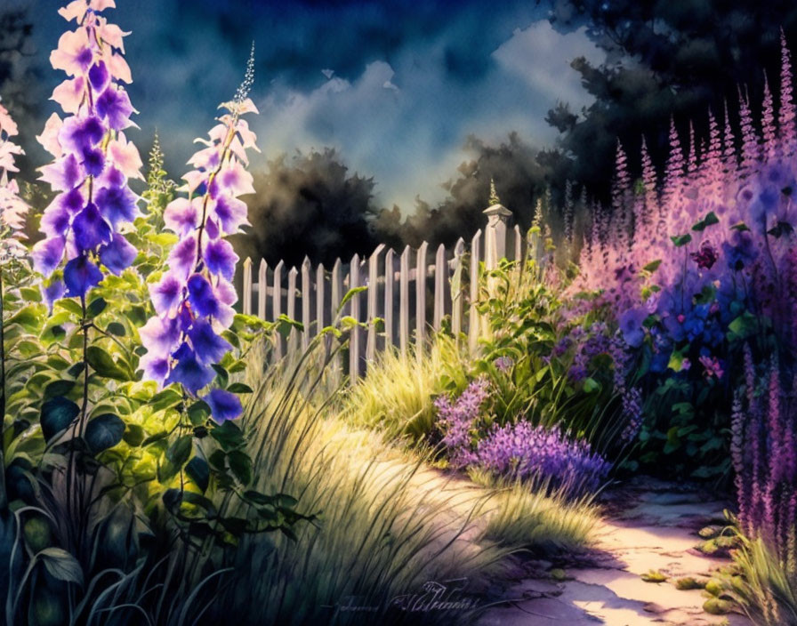 Vibrant purple flowers on garden path under twilight sky