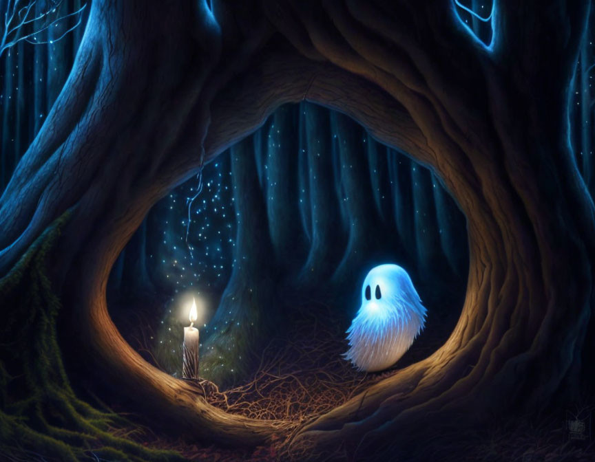 Illustration of small ghost near candle under glowing tree in starlit forest