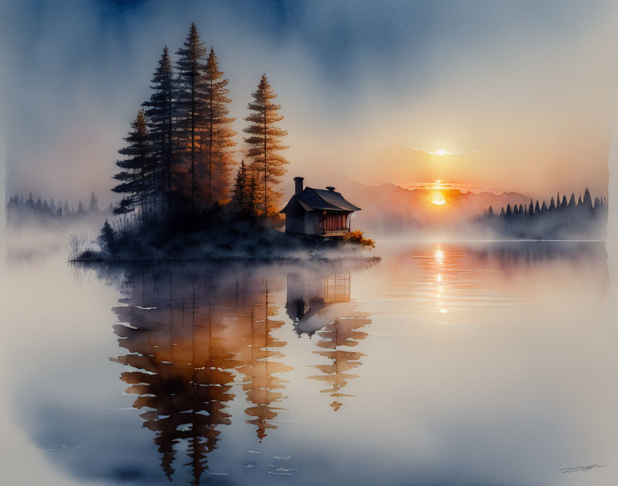 Tranquil watercolor painting of small cabin on islet at sunset