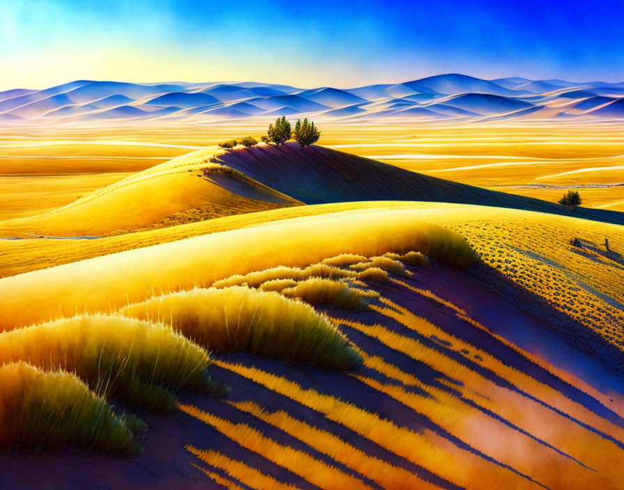 Colorful Sunset Desert Landscape with Sand Dunes & Sparse Vegetation