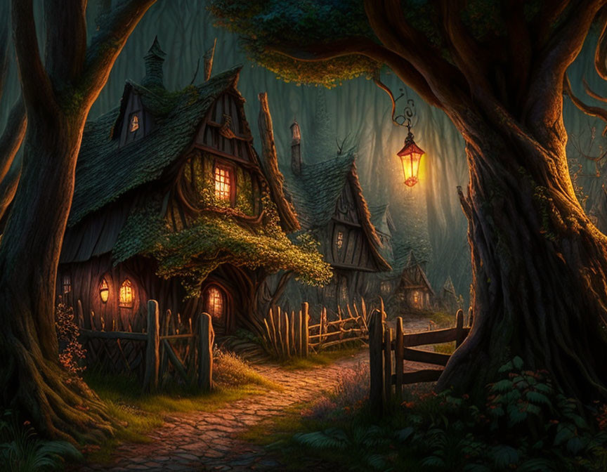 Enchanted forest twilight scene with cottages and cobblestone path