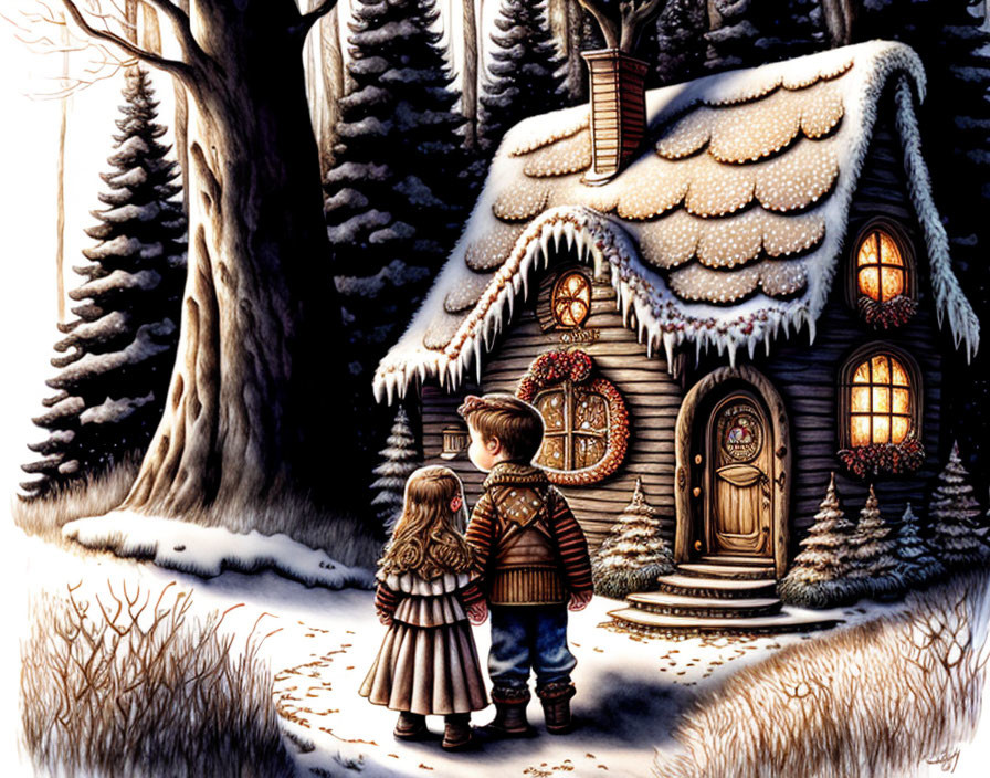 Children admiring snow-covered cottage in wintry forest at dusk