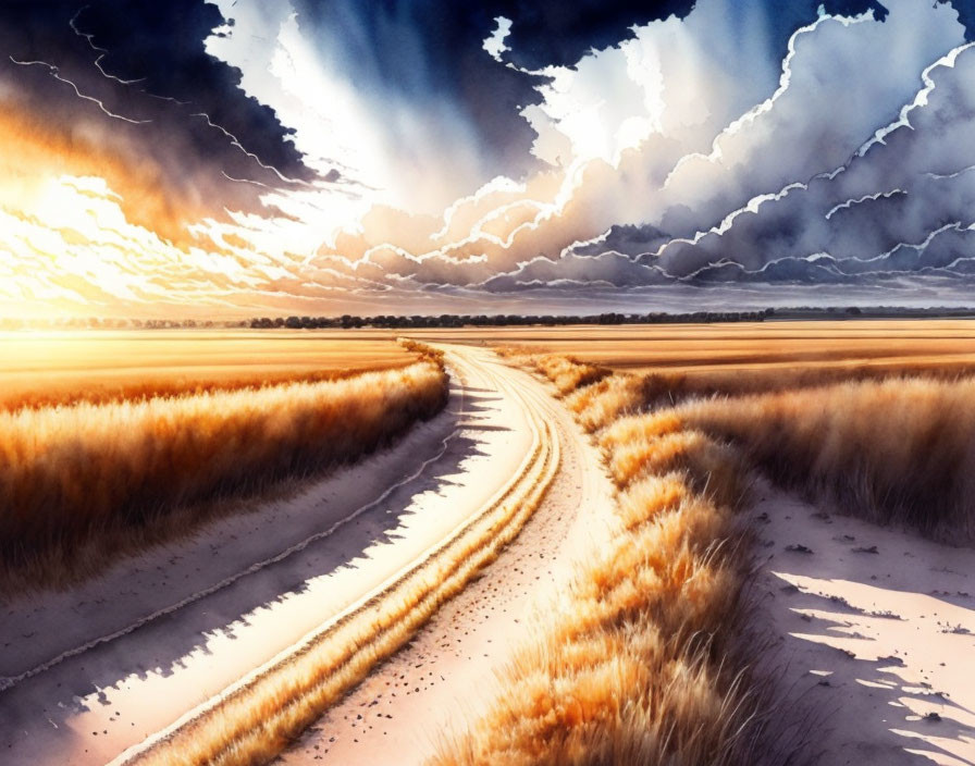 Golden field with winding dirt road under dramatic storm clouds