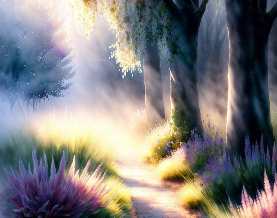 Sunlit Enchanted Forest Path with Blooming Flowers and Mist