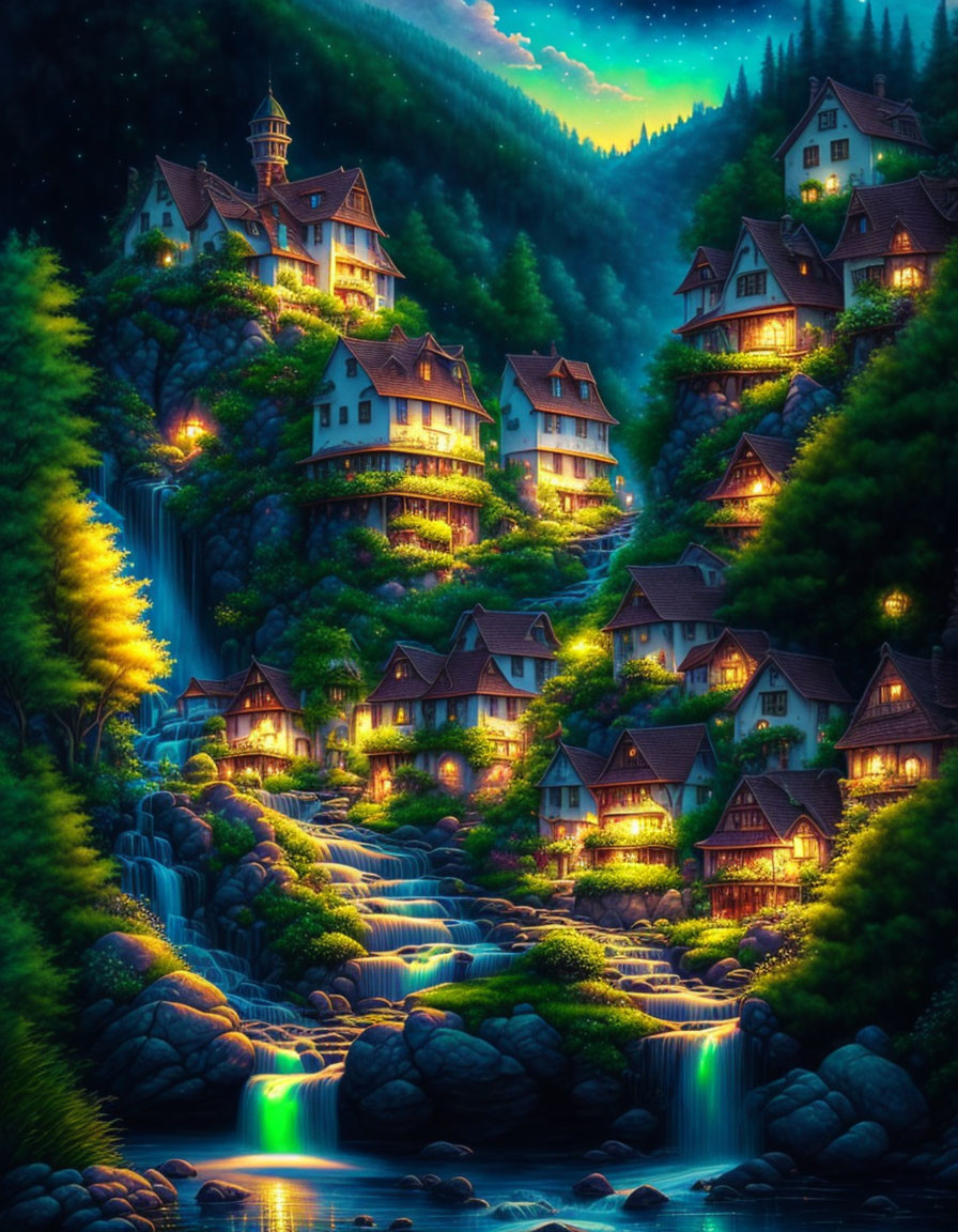 Enchanting night village scene with illuminated houses, forested hills, waterfalls, and starry