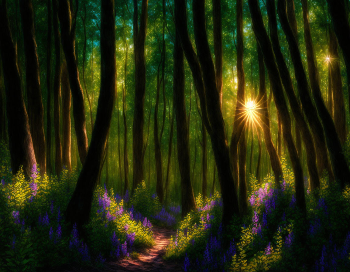 Tranquil Forest Path with Purple Flowers and Sunbeams