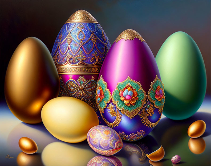 Vibrant Easter eggs with intricate patterns on dark background