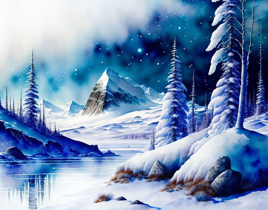 Snowy Evergreens, Icy Lake, Mountain, Stars: Winter Landscape