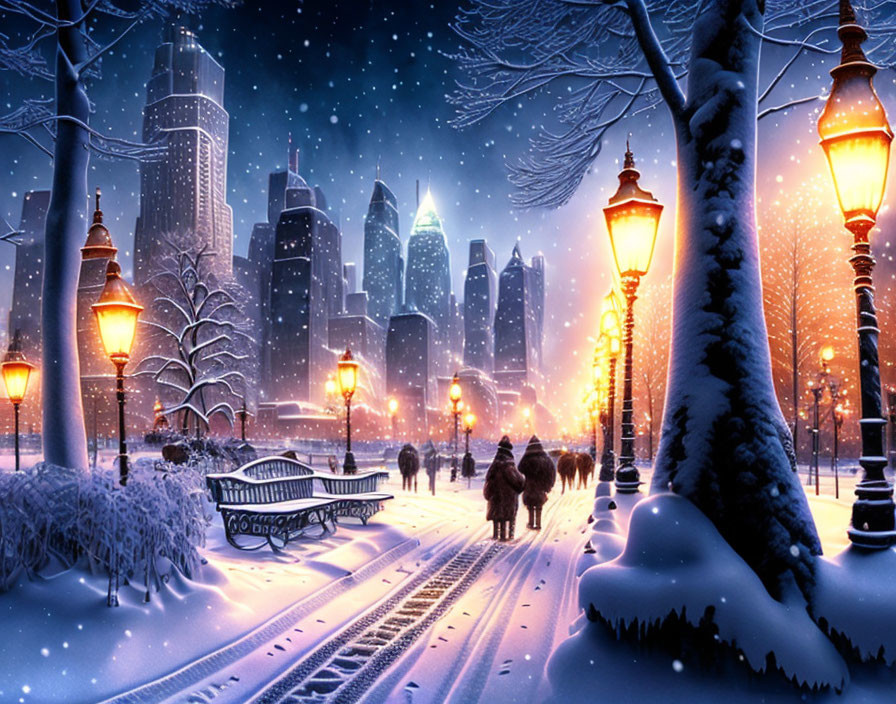 Snowy City Night Scene with Street Lamps, People, and Skyscrapers