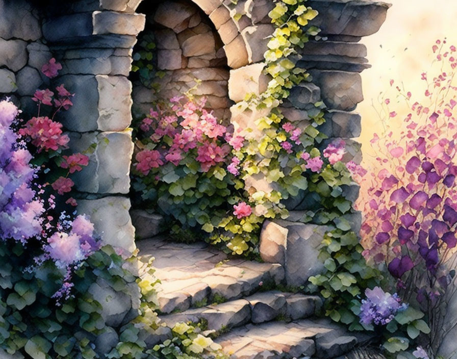 Tranquil watercolor painting of stone archway and flowers