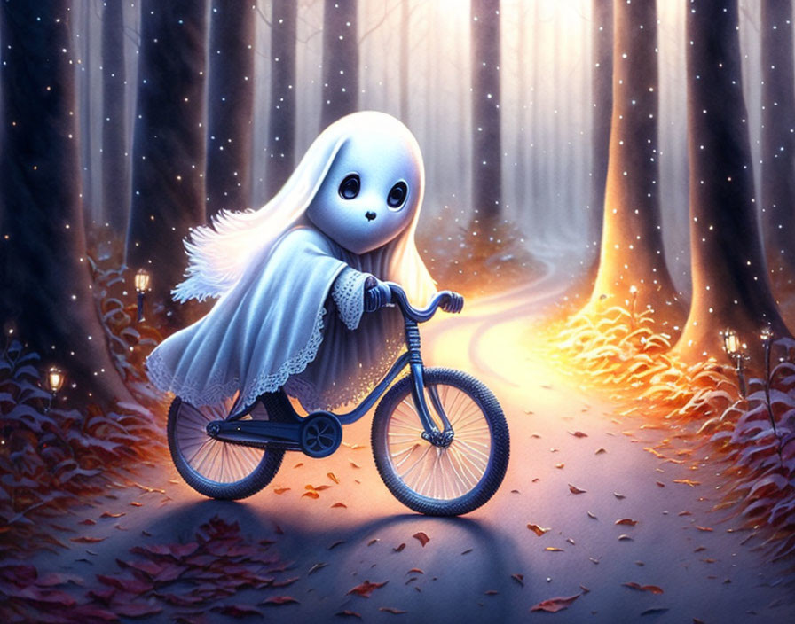 Illustration: Cute ghost on bicycle in magical forest