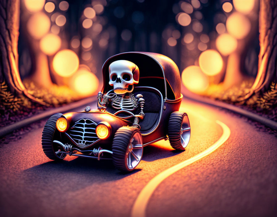 Skeleton driving hot rod on mystical forest road at twilight