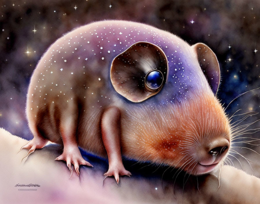 Chubby rodent illustration under starry night sky