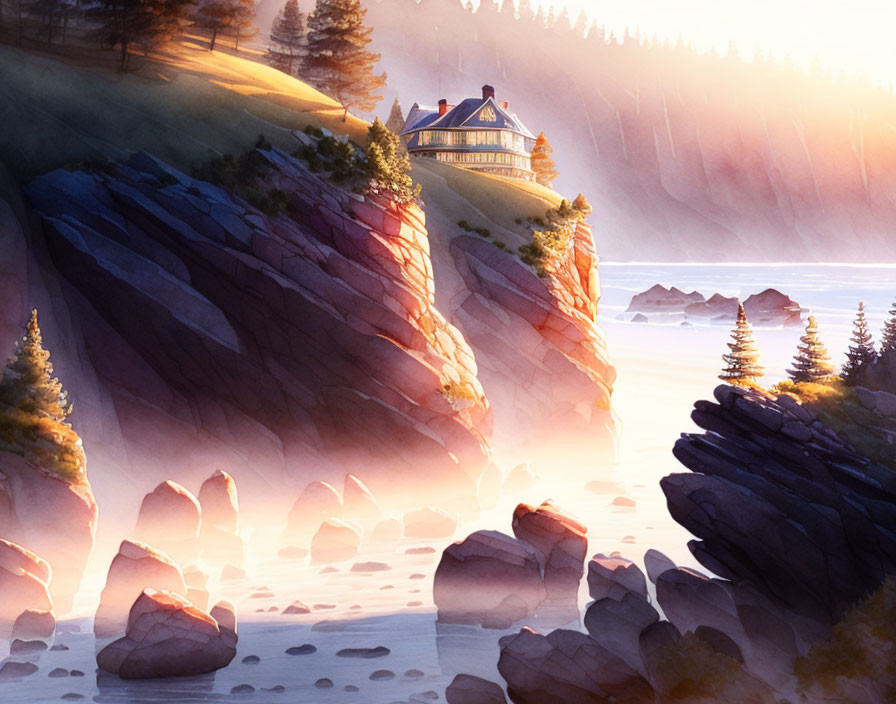 Tranquil house on cliff in golden sunlight by calm sea