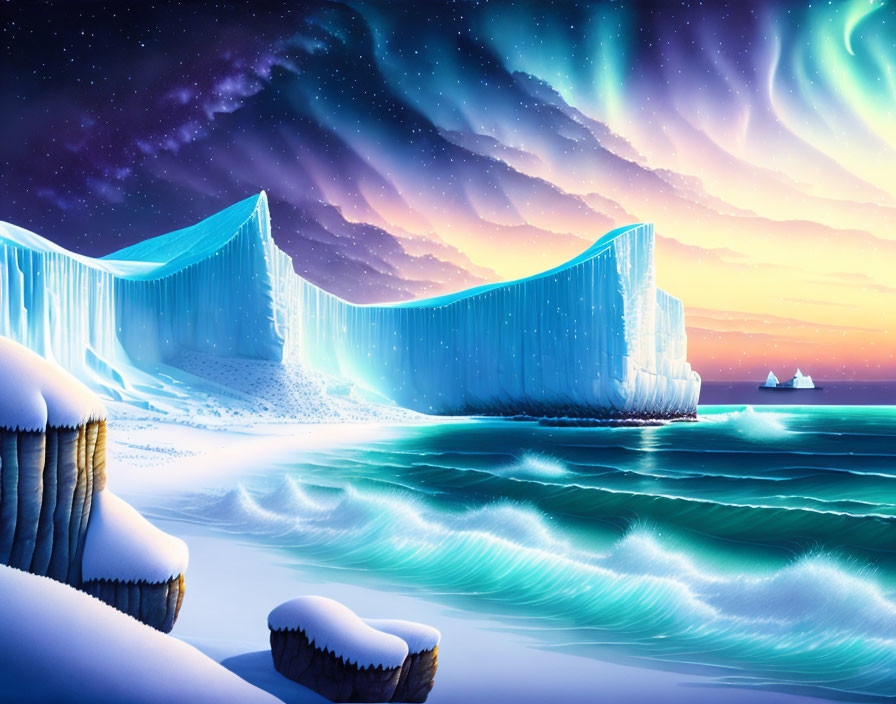 Twilight icy landscape with glacial cliffs, surreal aurora, and calm sea