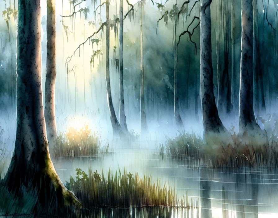 Misty forest watercolor painting with sunbeams and reflections