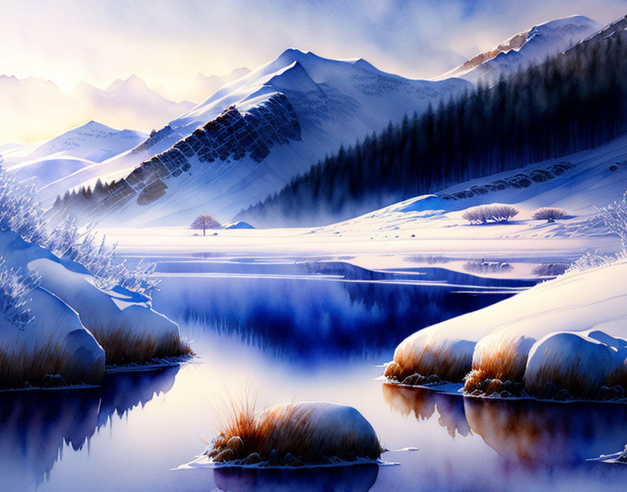 Frozen Lake in Snowy Winter Landscape with Golden Grass