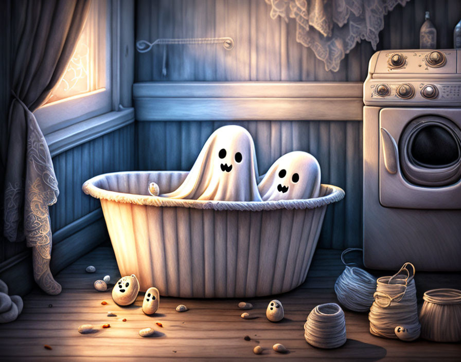 Cartoon ghosts in vintage bathtub with ghost-eggs and washing machine in cozy room