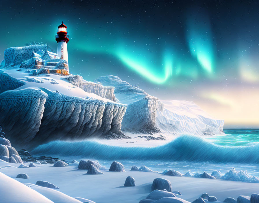 Snow-covered cliffs with lighthouse under Northern Lights