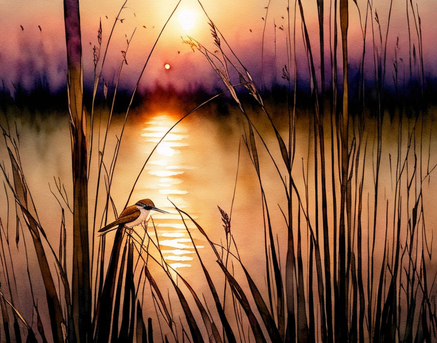 Bird perched on reed in watercolor sunset scene