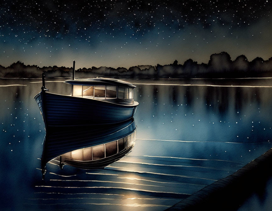 Tranquil night scene: boat on dock, calm lake, starry sky