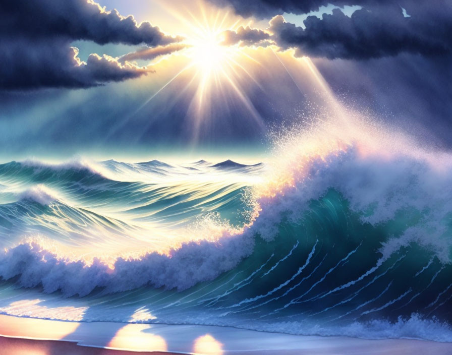 Sunburst through clouds over crashing ocean waves art piece