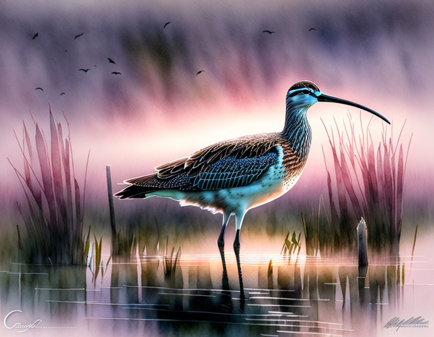 Curlew bird in shallow water with tall grasses and pink-purple sky.