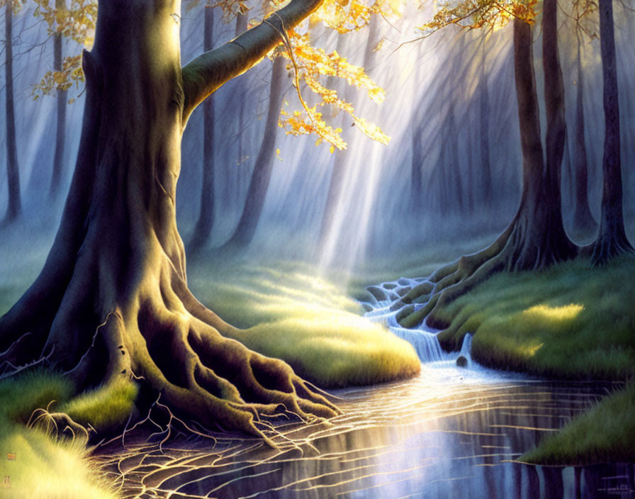 Forest Stream with Sunlight Illuminating Large Tree