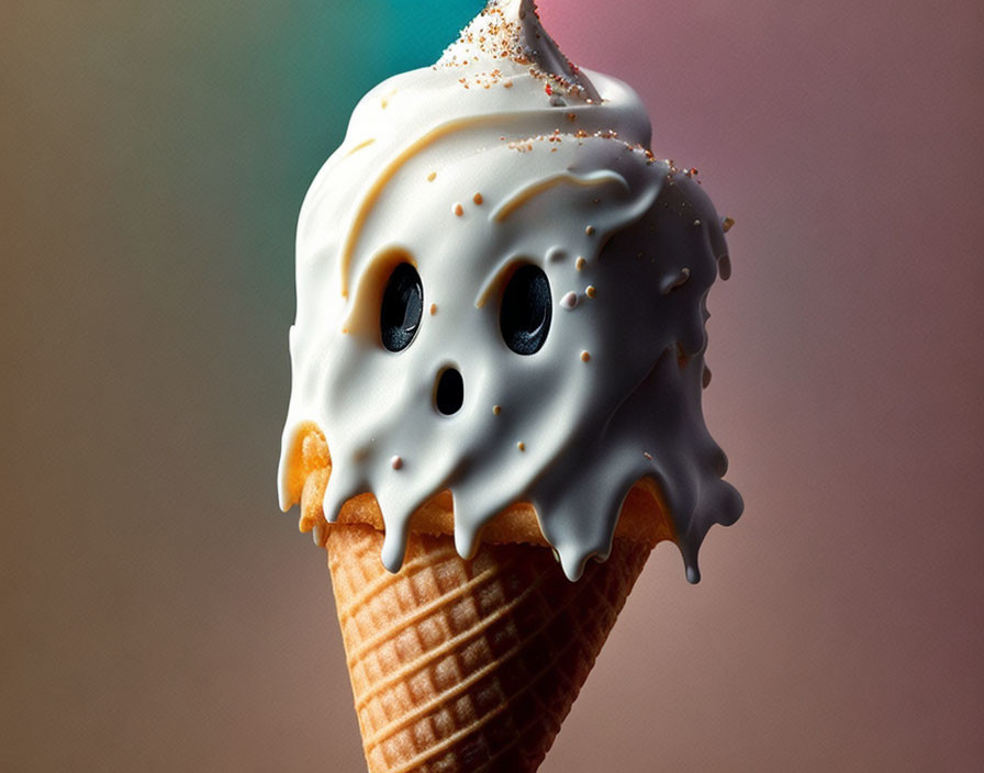 Melting ice cream cone ghost with black eyes and caramel sprinkles