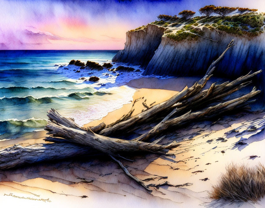 Tranquil beach sunset watercolor with driftwood, waves, and colorful sky