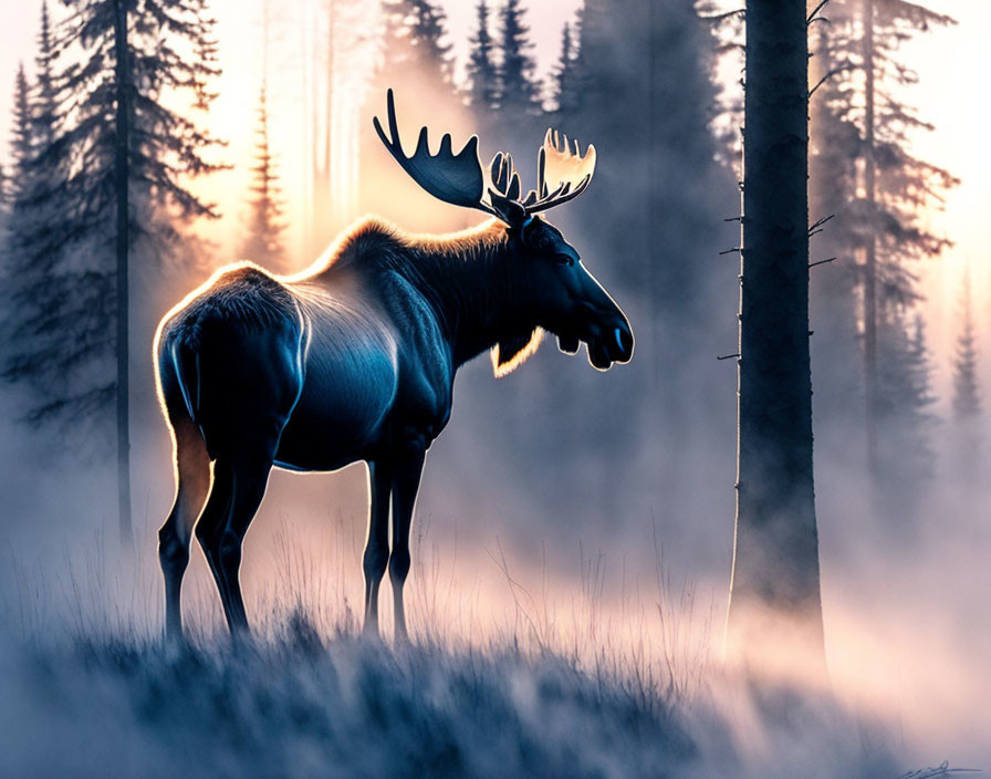 Moose silhouette in misty forest at dusk