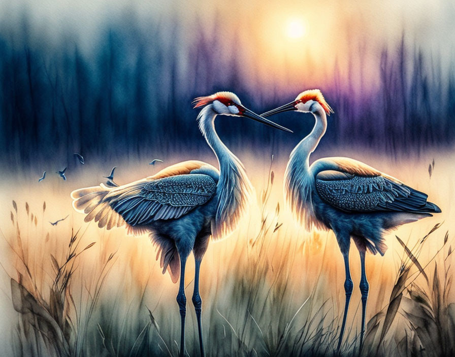 Serene sunrise scene: two cranes in misty meadow