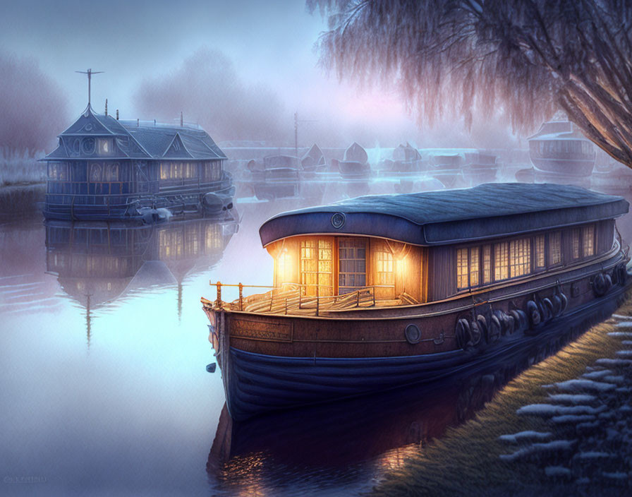 Houseboat illuminated on calm river at twilight