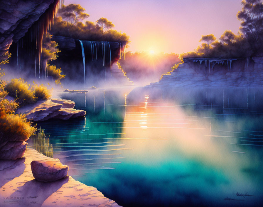 Tranquil waterfall sunset watercolor painting with mist and vibrant hues