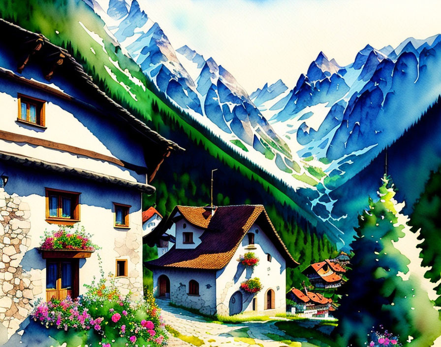 Vibrant illustration: alpine village, chalet houses, snow-capped mountains.