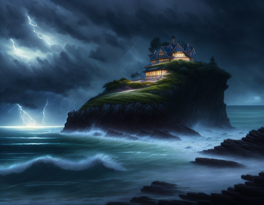 Cliffside house illuminated in stormy night with lightning and ocean waves