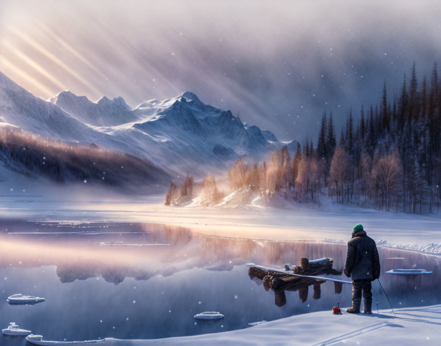 Person standing by snowy lakeside at dawn with light beams and serene mountain peaks