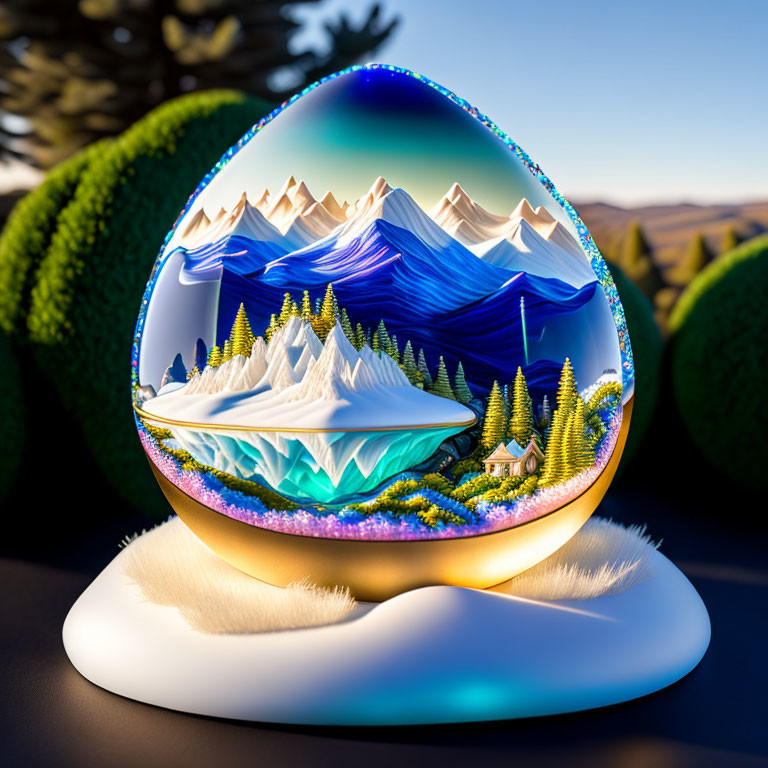 Egg-shaped 3D mountain landscape with snowy peaks and pine trees