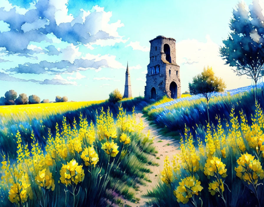 Colorful Watercolor Painting of Sunny Rural Landscape with Ancient Tower