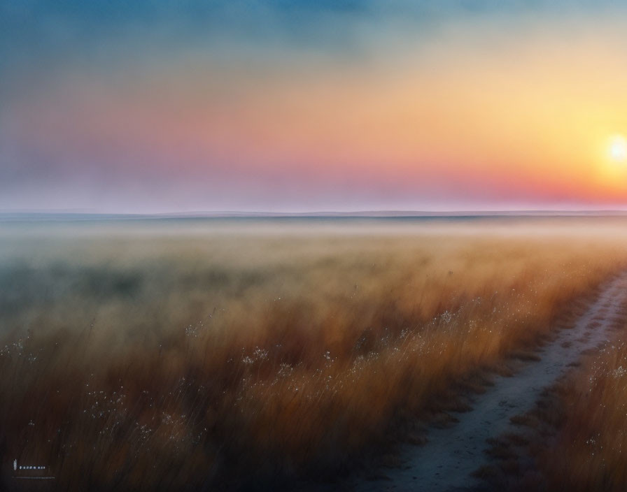 Misty field at sunrise with path through golden grasses