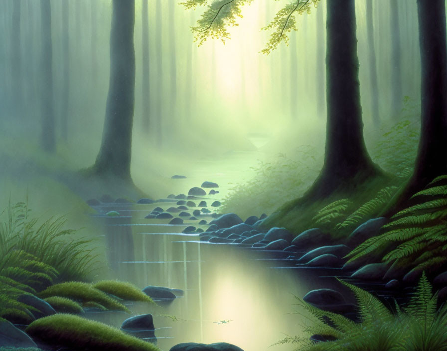 Tranquil forest landscape with mist, river, stones, and ferns