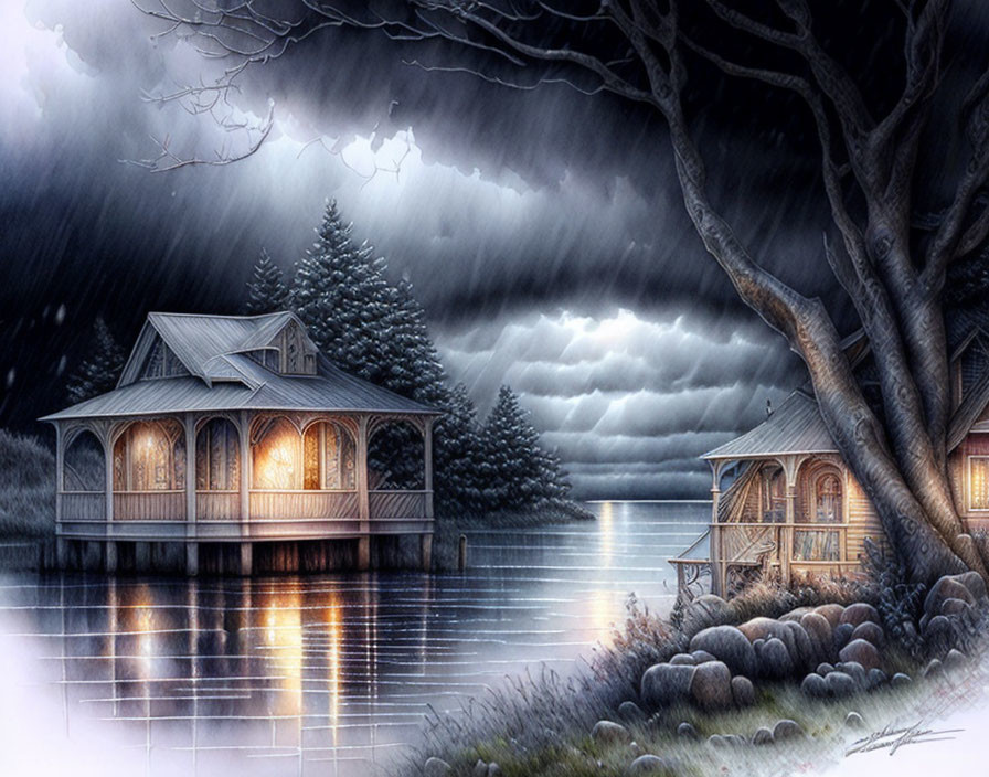 Illuminated Lakeside Cabins at Twilight with Stormy Clouds